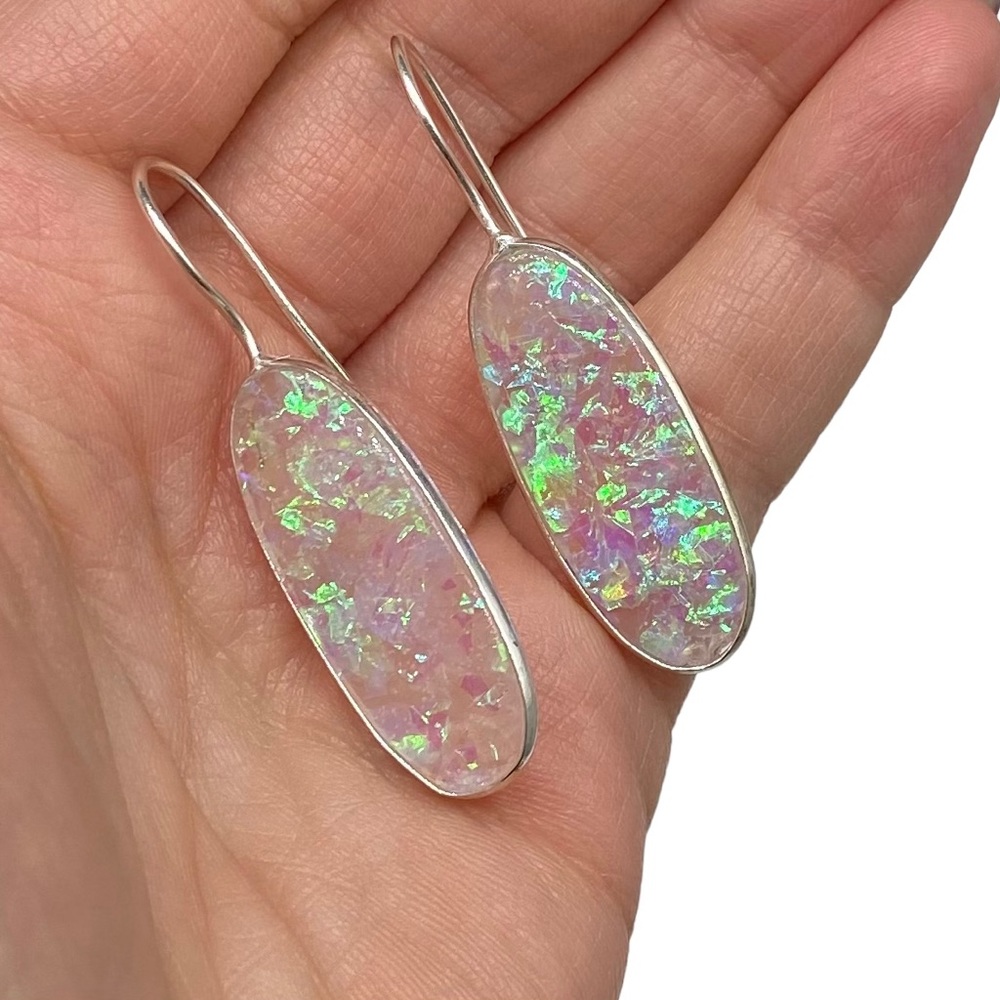 Triplet Fire Opal Earrings Dangle Drop Synthetic Stone Iridescent Pierced Style
